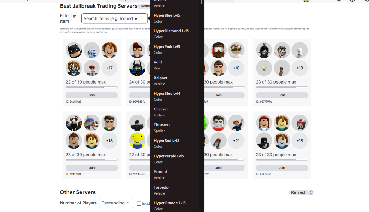 JB Trade Tracker listing live Jailbreak trading servers with item counts