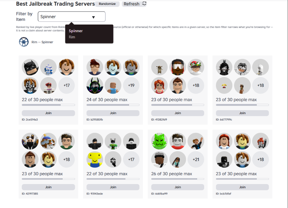 Filtering Jailbreak servers for Spinner rims